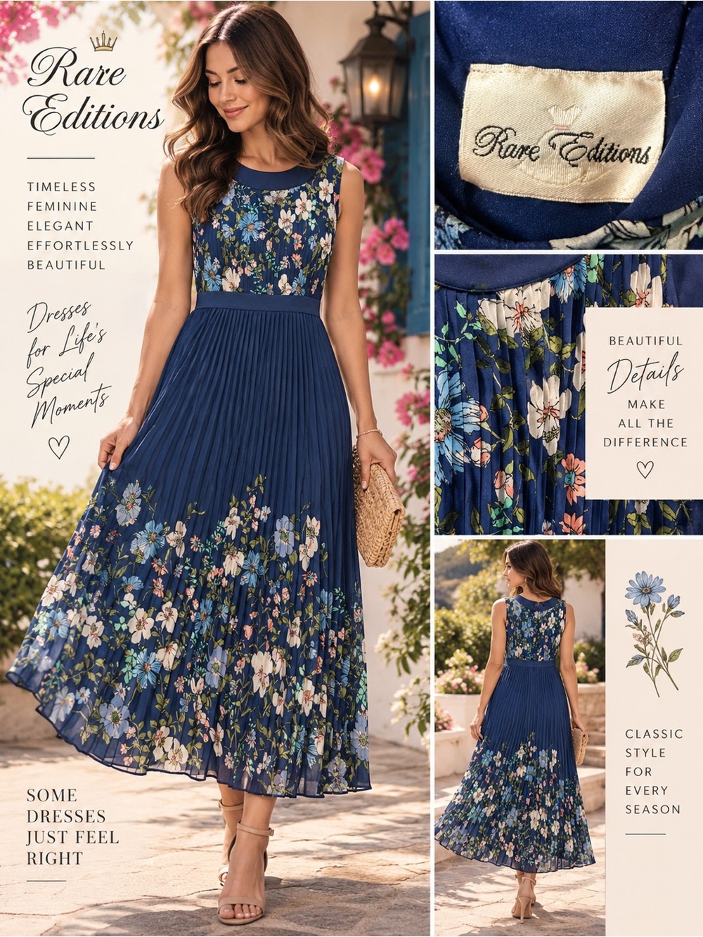 Rare Editions Navy Floral Pleated Midi Dress Women’s Size 16 Wedding Guest